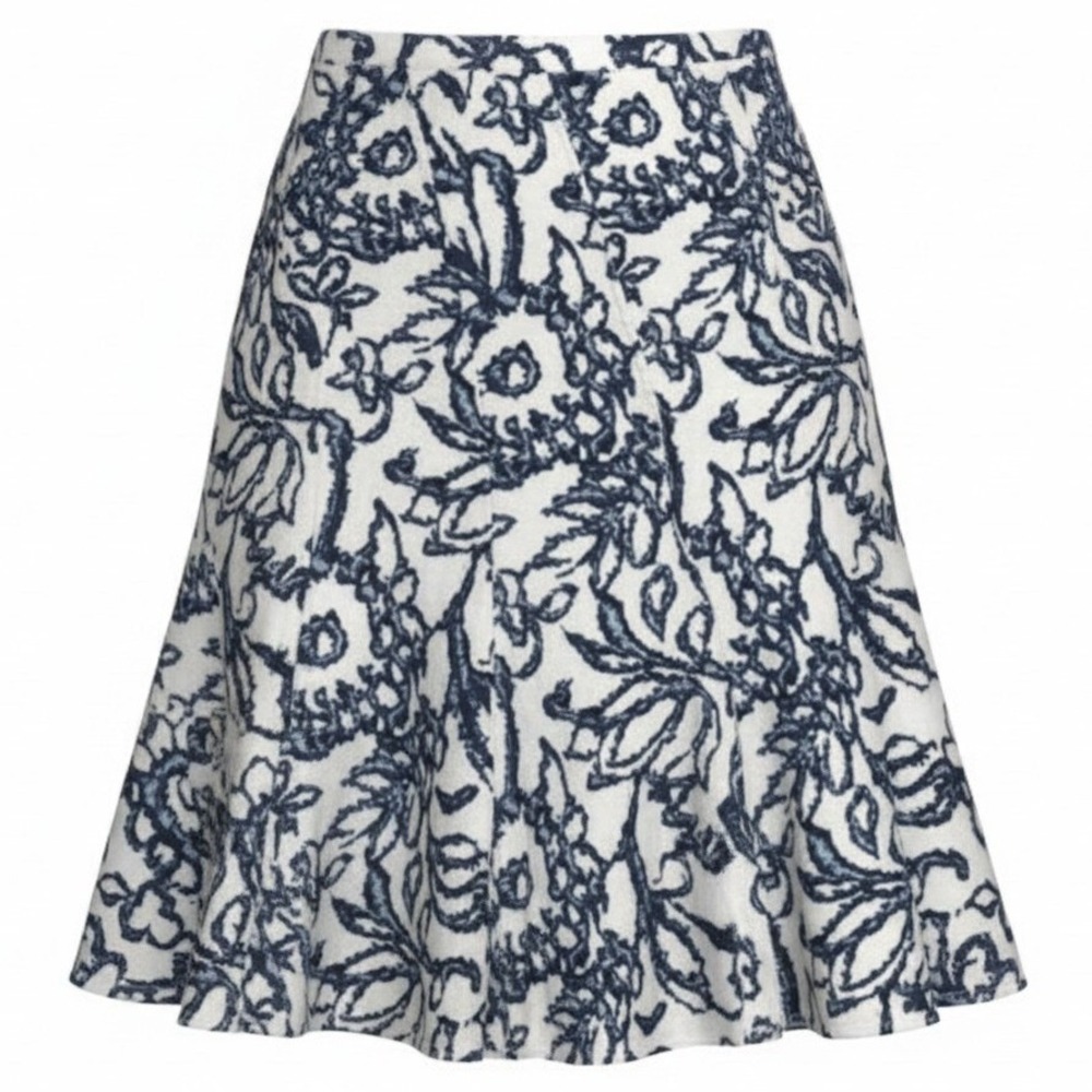 Talbots A-Line Skirt Womens 4 Blue White Floral Cotton Lined Flared Hem